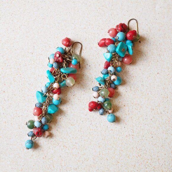 Jewelry - Vintage Boho Turquoise Coral Bead Cluster Earrings